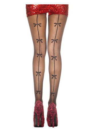 Collant noir fantaisie effet couture et grands noeuds - MH7183BLK